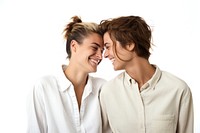 Romantic gay lesbian couple laughing romantic smiling. 