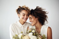 Romantic gay lesbian couple wedding laughing portrait. 