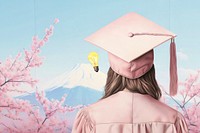 Graduate woman in pink regalia, education remix