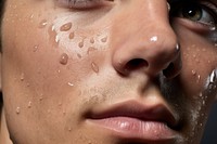 Men face skin studio shot forehead teardrop. 