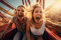 Two girls laughing shouting adult. 