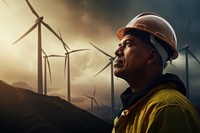 Wind turbine worker windmill outdoors hardhat. 