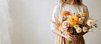 Florist holding beautiful bouquet wedding flower plant. 