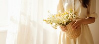 Woman holding flowers basket wedding adult bride. 