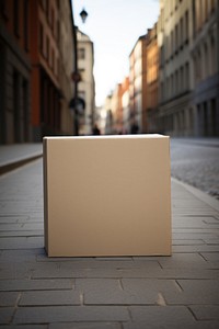 Square cardboard box street alleyway city.