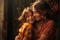 Daughter hugging mother laughing necklace portrait. 