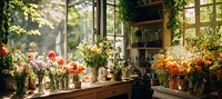 Flowers shop windowsill plant arrangement. 