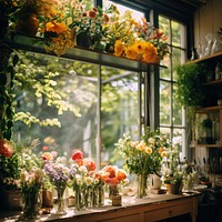 Flowers shop window plant architecture. 