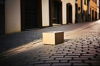 Cardboard box street cobblestone alleyway.