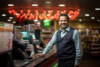 A Cheerful shop owner supermarket cheerful customer. 