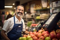 A Cheerful shop owner supermarket cheerful customer. 