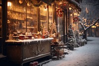 A grocery storefront snow decoration christmas. 