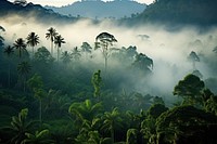 Rainforest landscape tree fog vegetation. 