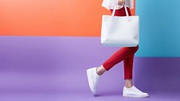 Woman hauling a white tote bag footwear handbag adult. AI generated Image by rawpixel.