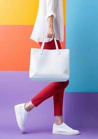 Woman hauling a white tote bag footwear handbag shoe. 