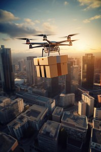 Drone carrying a package cityscape architecture helicopter. 