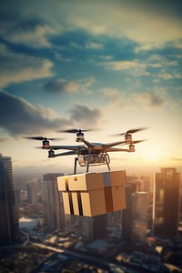 Drone carrying a package city helicopter cityscape. 