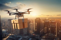 Drone carrying a package cityscape architecture helicopter. 