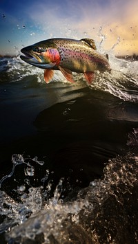 Trout Fish jumping outdoors animal nature. AI generated Image by rawpixel.