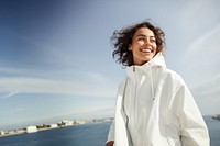 Woman wearing white jacket portrait smile adult. 