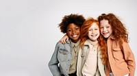 Three young kids cheerful laughing portrait. 