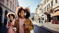 Two female black friends walking adult transportation togetherness. 