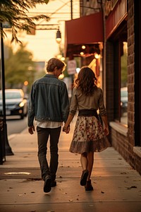 Couple walking sidewalk adult. 