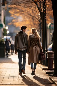 Couple walking overcoat sidewalk. 