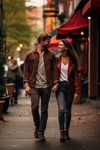 Couple sidewalk walking jacket. 