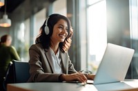 Headphones computer headset smiling. 