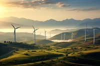 Panoramic view outdoors windmill turbine. 