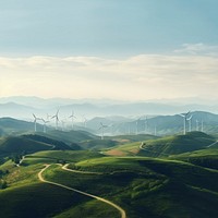 Panoramic view outdoors windmill turbine. 