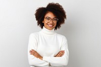 African American woman portrait sweater glasses. 