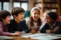 Laughing school child adult. 