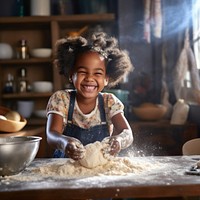 African afro black daughter kids sifting flour powder kitchen cooking dough. 