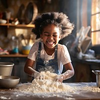 African afro black daughter kids sifting flour powder kitchen cooking child. AI generated Image by rawpixel.
