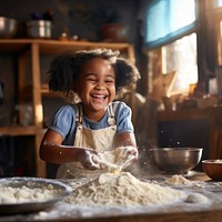 African afro black daughter kids sifting flour powder kitchen cooking dough. AI generated Image by rawpixel.
