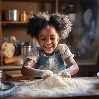 African afro black daughter kids sifting flour powder kitchen cooking child. 