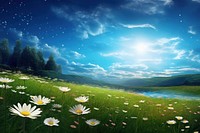 Daisy sky landscape grassland. AI generated Image by rawpixel.