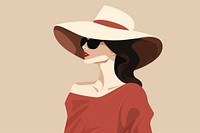 Woman wearing big fashionable hat sunglasses hairstyle headwear. 