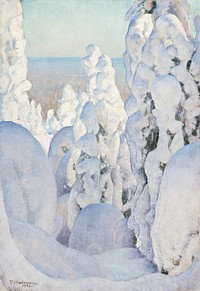 Winter landscape, kinahmi (1923), vintage nature illustration by Pekka Halonen. Original public domain image from The Finnish National Gallery. Digitally enhanced by rawpixel.