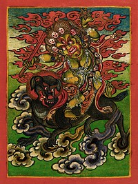 Dakini on a Gray Dog, Nyingmapa Buddhist or Bon Ritual Card (18th-19th century), vintage Tibet God illustration. Original public domain image from The Los Angeles County Museum of Art. Digitally enhanced by rawpixel.