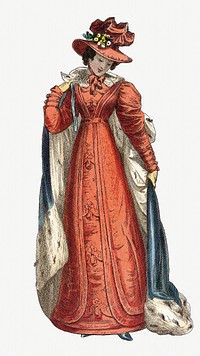 Victorian woman in Promenade Dress, vintage illustration by Rudolph Ackermann. Remixed by rawpixel.
