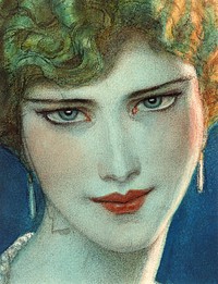 Face of blonde girl with earrings (1923 April), vintage woman illustration by Wladyslaw Theodore Benda. Original public domain image from the Library of Congress. Digitally enhanced by rawpixel.