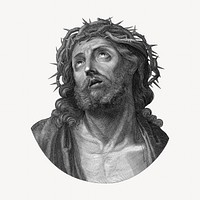 Head of Christ looking up with crown of thorns, vintage Jesus Christ illustration by After Guido Reni. Remixed by rawpixel.