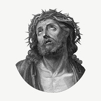 Head of Christ looking up with crown of thorns, vintage Jesus Christ illustration by After Guido Reni psd. Remixed by rawpixel.