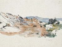 Italian landscape with boulders (1845), vintage nature illustration by Johan Thomas Lundbye. Original public domain image from The Statens Museum for Kunst. Digitally enhanced by rawpixel.