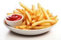 Appetizer french fries ketchup food white background. 