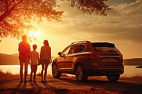 Family stand beside car vacation vehicle sun. 