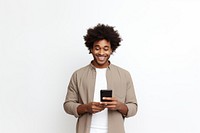 Curly African American smiling holding smile. 